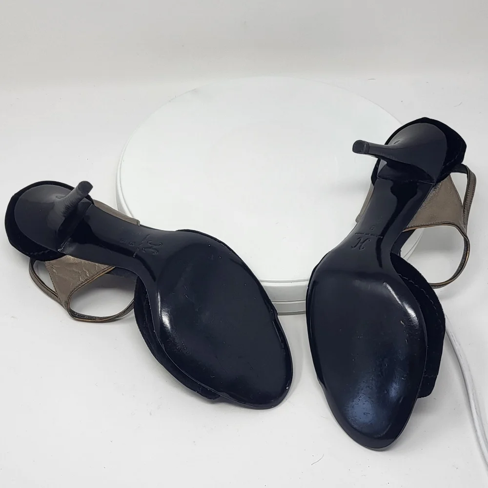 Cole Haan Black Velvet & Brassy Gold Open Toe Stilletto T-Strap Heels - Picture 13 of 16